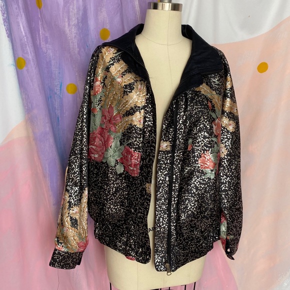 Vintage Jackets & Blazers - VINTAGE 1980s Black Metallic Satin Bomber Jacket